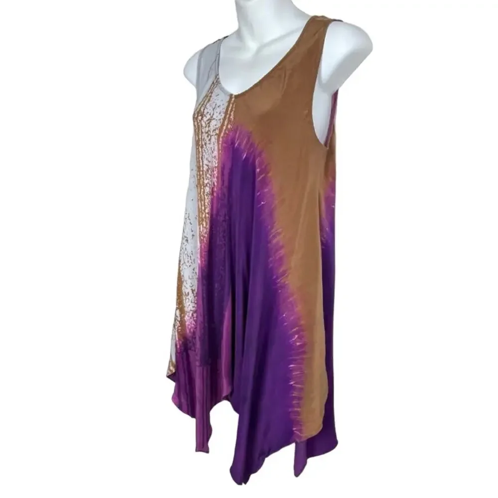 Garnet‎ Hill Silk Trapeze Dress 8 – Sleeveless Boho Handkerchief Hem - Picture 3 of 8
